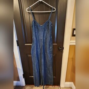 Express Blue Denim Overalls With Sweatheart Neckline, Size 12